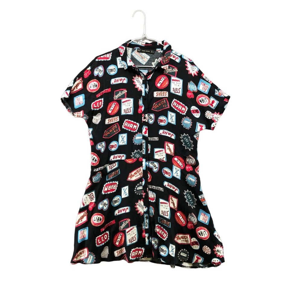 Zara Mini‎ Shirt Dress Size S Black Multicolor Boy Names Graphic Rayon Artsy
